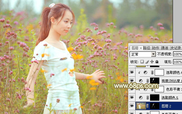 Photoshop利用Lab模式为野花中的美女加上甜美的粉色调